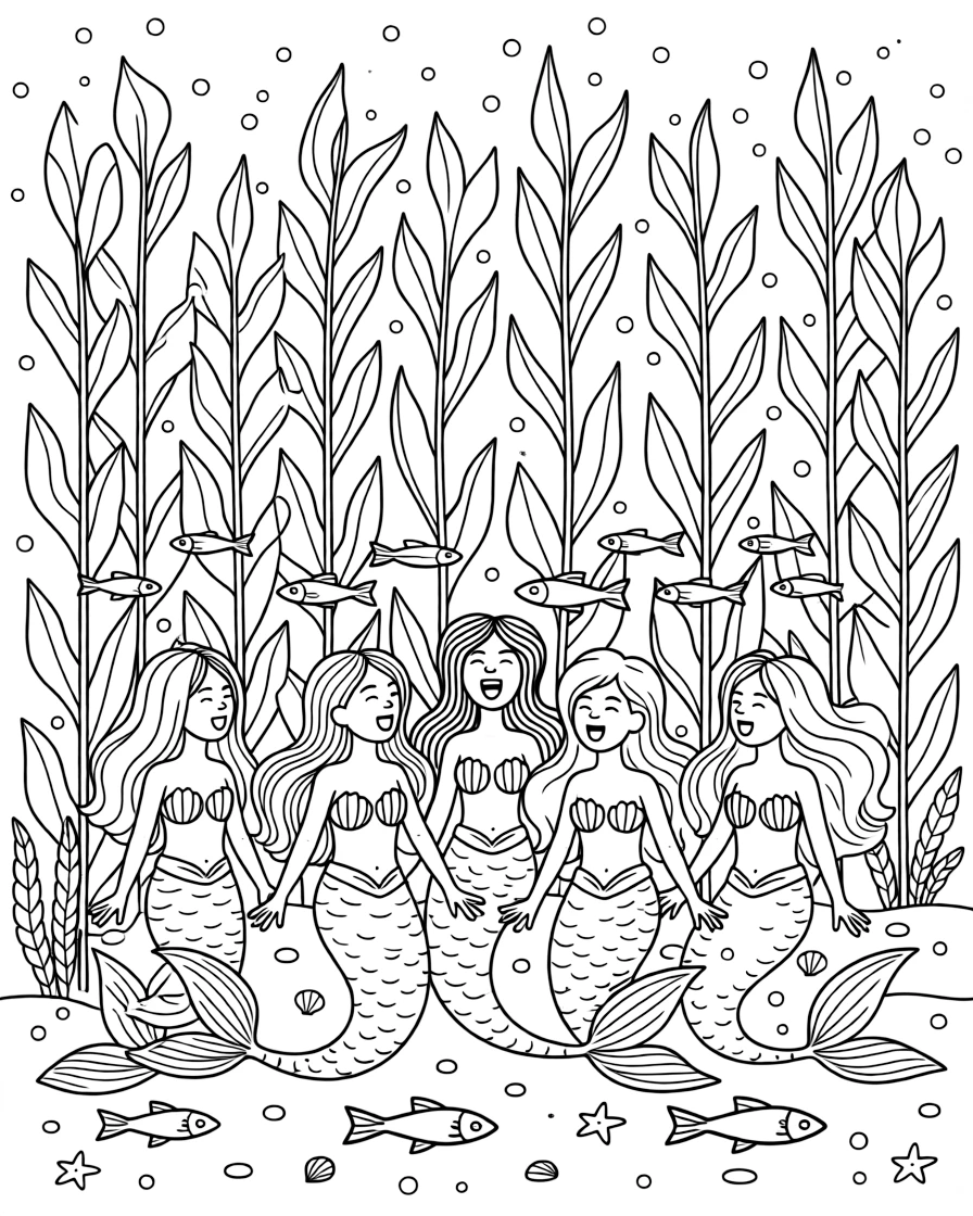 A mermaid choir sings beneath a glowing kelp forest, their voices summoning schools of glittering fish to dance around them.