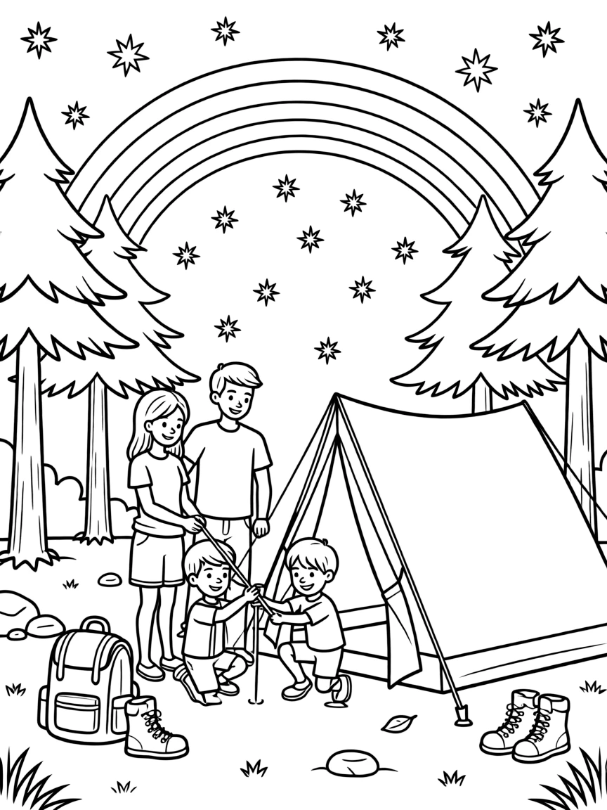 [Camping] a family setting up a tent pitching a tent under tall pines under a starry night sky. In the background, stars twinkle brightly overhead, adding extra fun to explore. A backpack and hiking boots sit nearby. It all happens at high noon, with a rainbow arching overhead.