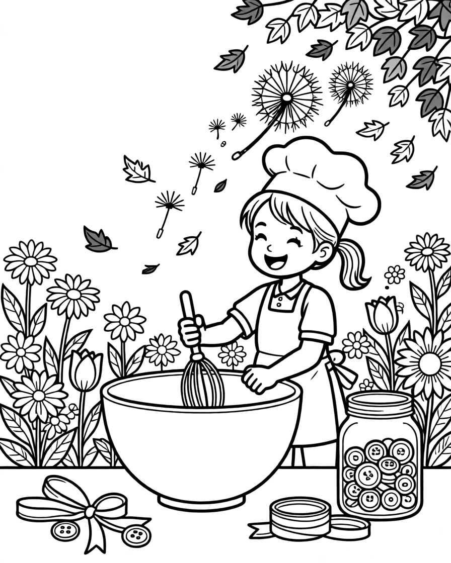 A girl chef stirring a giant mixing bowl is blowing dandelion seeds into the breeze in a sunny flower garden bursting with blooms. All around, a jar of colorful buttons and ribbons and swirling autumn leaves in every color complete the joyful scene.