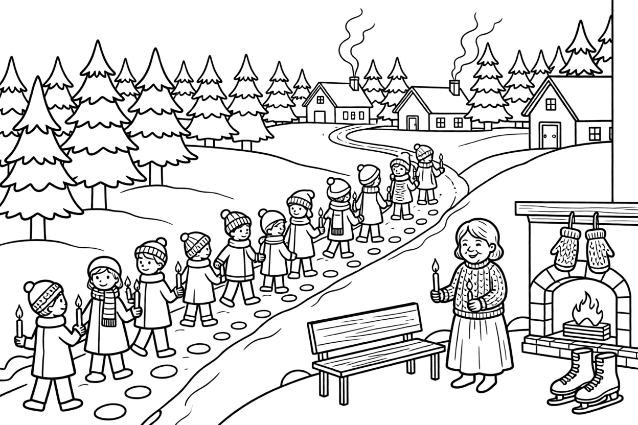 A wide view on a hillside dotted with snow-frosted evergreens, featuring a candlelit procession through a quiet town, a cheerful grandmother, and a pair of mittens drying by the fire, with a pair of ice skates nearby.