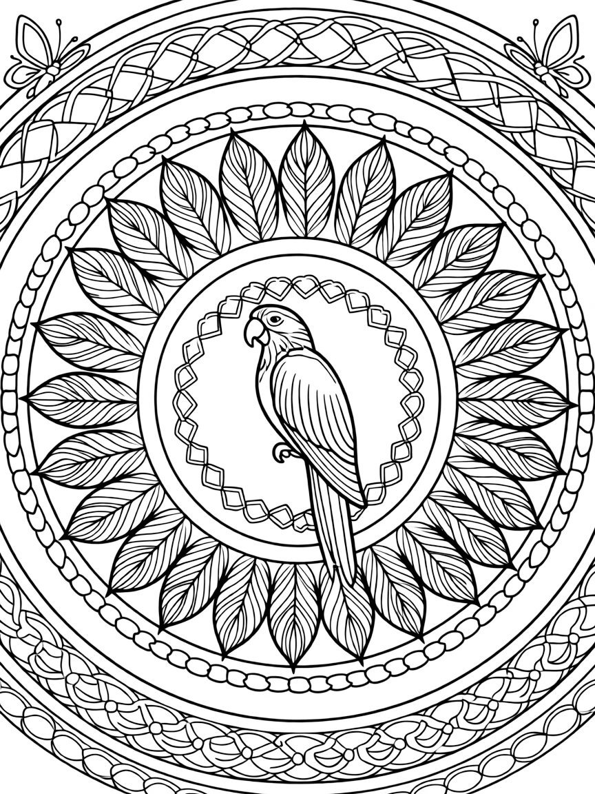 Birds: The main subject is a parrot with layered wing feathers, drawn as the focal point of a feather-ring mandala with plumes fanning outward. It is placed at the very center of the page, with the surrounding rings growing larger and more detailed toward the outer edge. Decorative details fill the surrounding space, including a chain of linked heart shapes, overlapping fish-scale textures, and interlocking circle chains woven throughout the background. A playful extra touch completes the page: a pair of small butterflies fluttering near the top of the page.