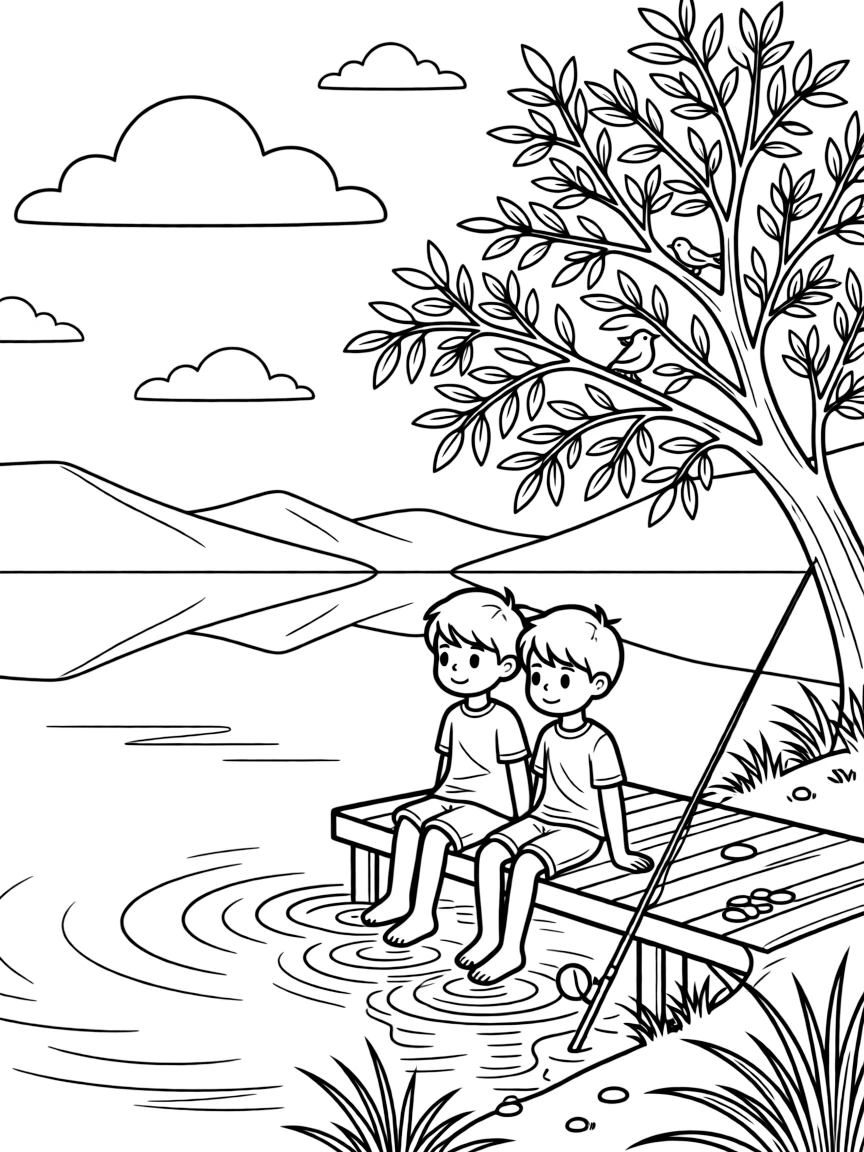 [Lakeside] Two children fish from a small wooden dock, their toes dangling just above the water. Songbirds flit between branches of a tree leaning over the water's edge. Mountains rise beyond the far shore, their peaks mirrored perfectly in the calm lake. A gentle breeze ripples the surface under a sky scattered with fluffy clouds.