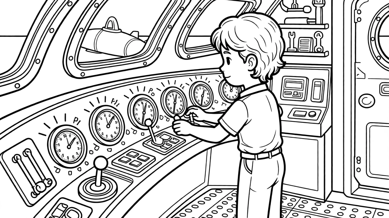 A submarine engineer checks glowing dials inside the control room of a submarine.