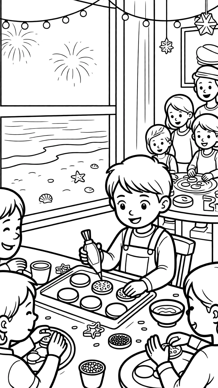 A boy in overalls decorating cookies with icing during a New Year's Eve countdown with a foster family as waves gently lap the shore.