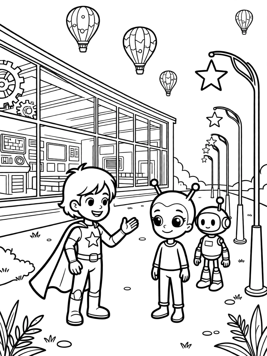 Major Zinnia, a determined light-bending superhero kid showing a new alien student around the space academy near a robot school with classrooms full of gears and screens, surrounded by a row of streetlights shaped like glowing stars and colorful hot-air balloons drifting overhead.