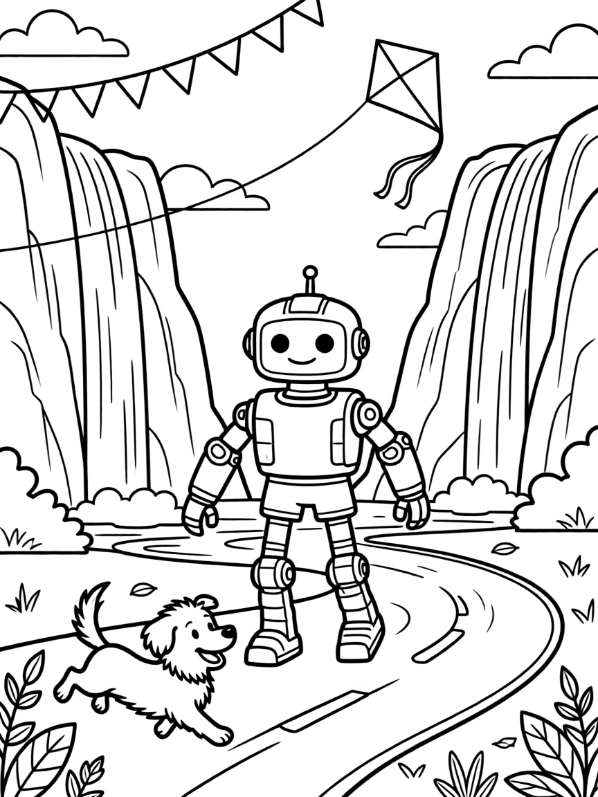 In this scene, a robotic exosuit walker with clanking mechanical legs is the star of a national park with towering waterfalls and rocky cliffs, joined by an excited puppy chasing along the road, with a string of triangle pennant flags overhead and a kite dancing in the breeze above scattered throughout for kids to color.