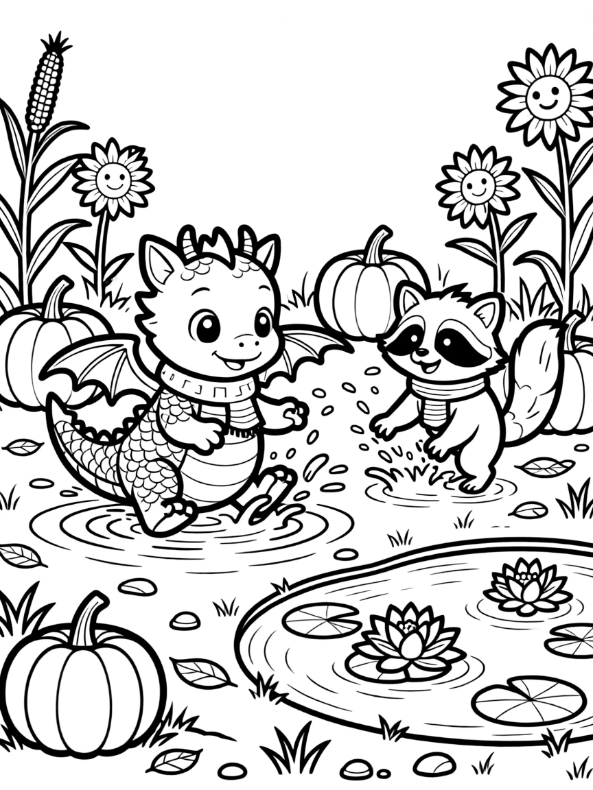 A baby dragon in a pumpkin patch in October, splashing happily in a puddle with a raccoon, next to a water lily pond.
