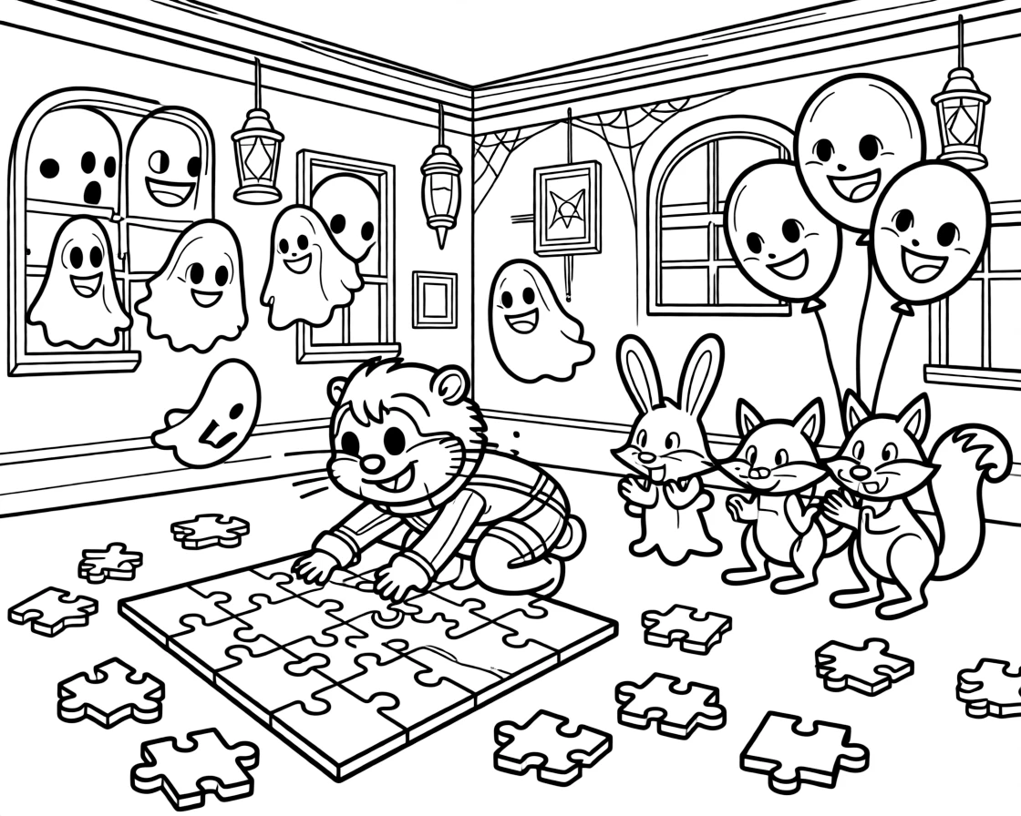 In a friendly haunted mansion full of giggling ghosts, an energetic hamster race car driver discovers the joy of putting together a puzzle as big as the floor, while balloons shaped like friendly woodland animals watches happily nearby. Everyone claps and cheers at the happy sight.