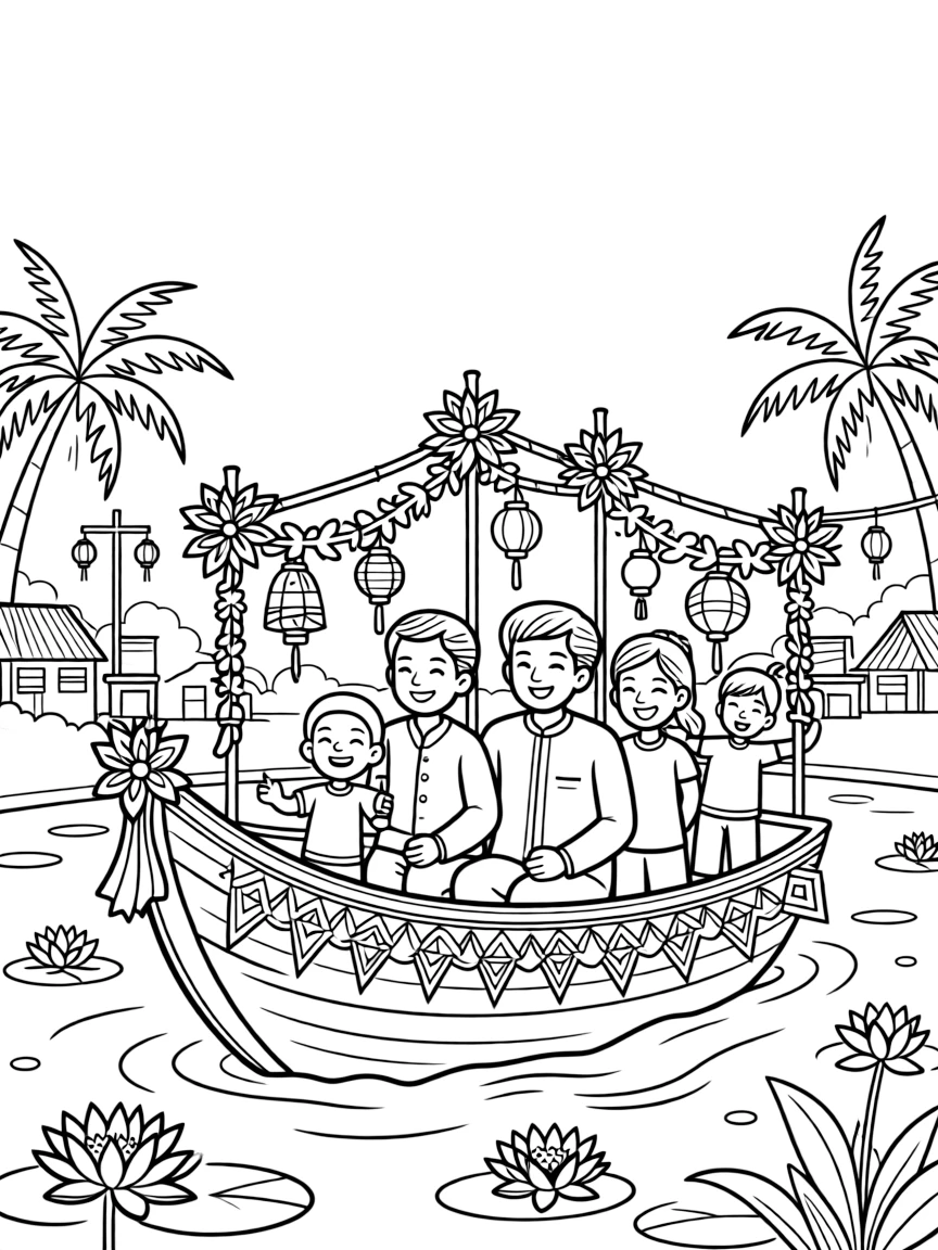 A coloring page of a family riding a decorated boat during a village water festival in Indonesia, showing grandparents, parents, and children all taking part together in the fun.