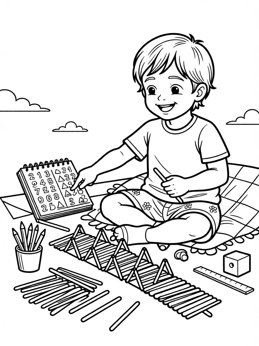 a proud small child builds a bridge out of popsicle sticks and counts how many triangles it took.