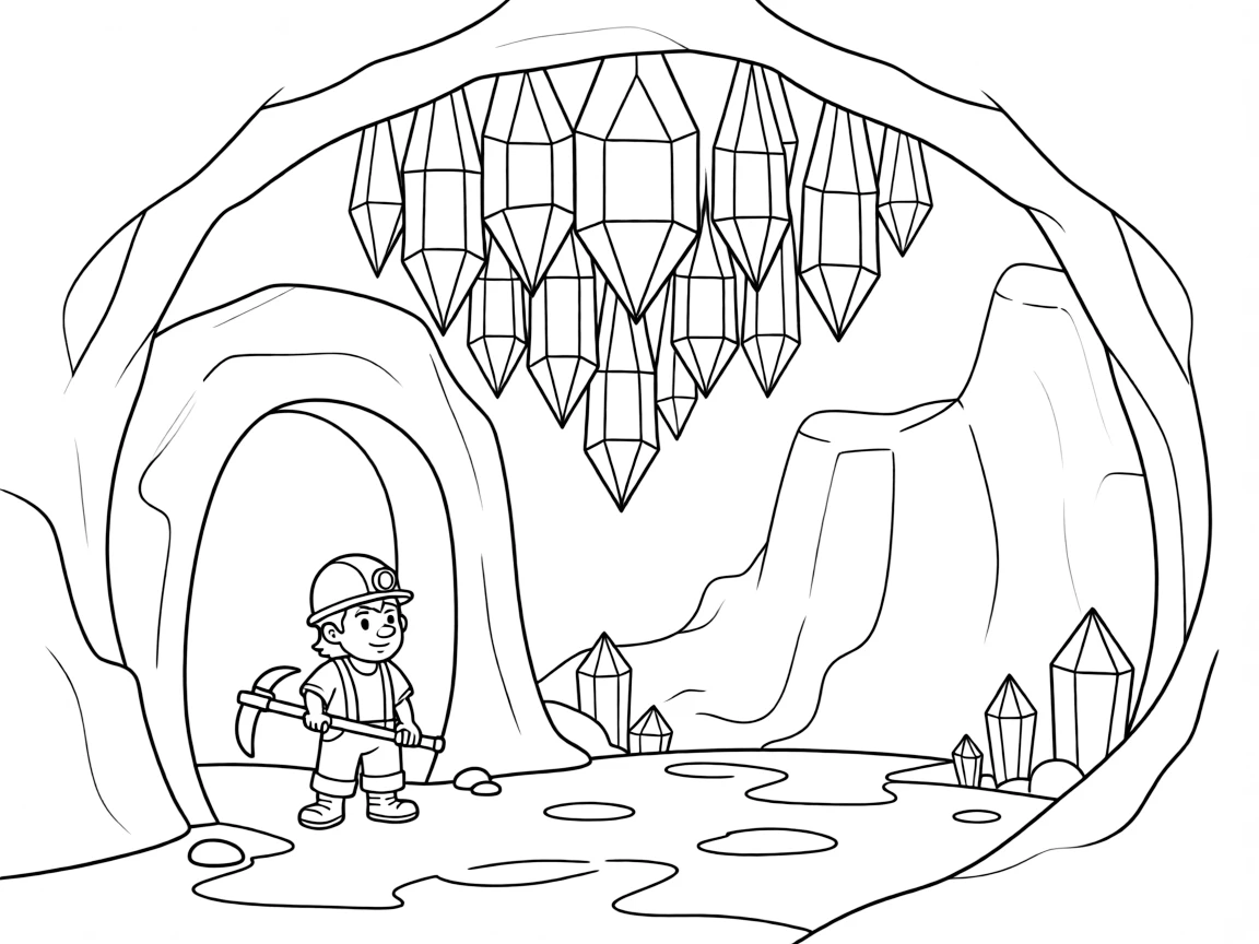 A brave dwarf miner discovers a hidden chamber glowing with enormous glowing crystals shaped like a chandelier.