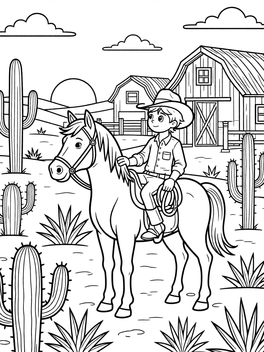 [Cowboys] a cowboy resting by a campfire watching a sunset from horseback near a rustic wooden ranch, wide-eyed with wonder, while cacti dot the desert landscape fills the surrounding area. A lasso loops loosely in one hand. Set at high noon, with a light breeze blowing, the page bursts with adventure and imagination.