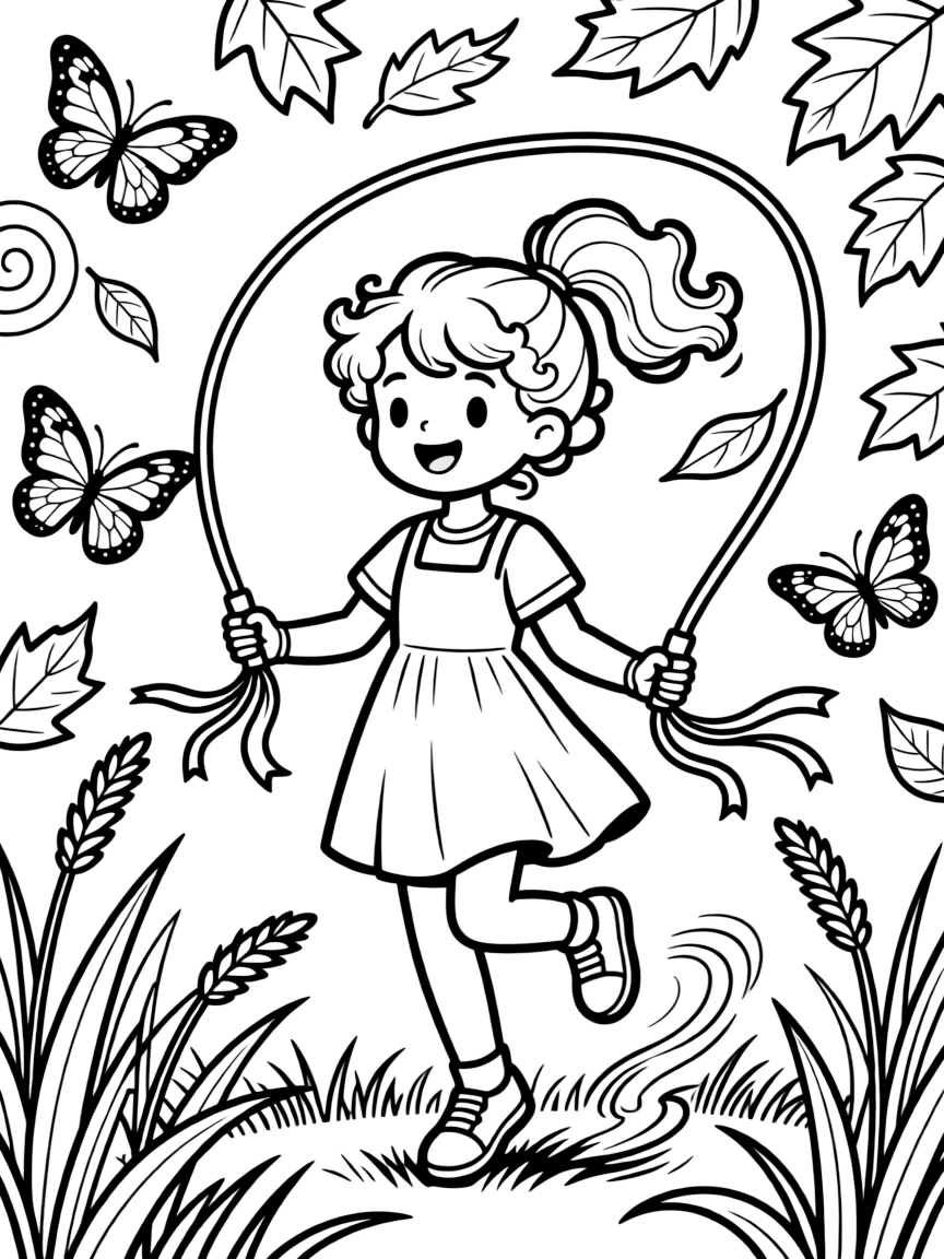 A girl with curly hair tied in a ponytail is jumping rope with ribbons tied to the handles in a butterfly conservatory full of fluttering wings. swirling autumn leaves in every color and a gentle breeze rippling through tall grass complete the joyful scene.