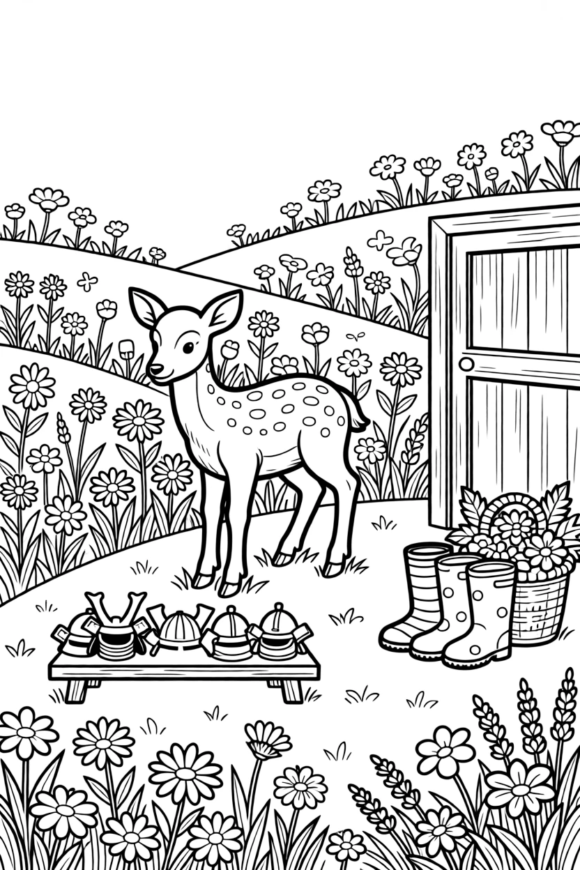 A spotted fawn admiring a display of tiny samurai helmets on a hillside meadow covered in wildflowers, near a row of rain boots by the door and a basket overflowing with flowers.