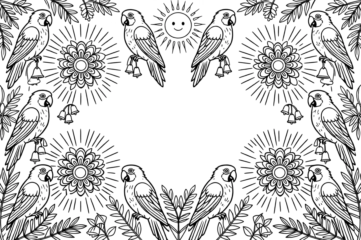 Birds: The page centers on a repeating motif of a parrot with layered wing feathers, built around a blooming flower-shaped mandala with layered petal rings. The motif is arranged evenly around the four edges of the page, forming a continuous decorative frame around a clear center space. Decorative details fill the surrounding space, including rays fanning out like a small sunburst, clusters of tiny bells, and layered leaf clusters woven throughout the background. A playful extra touch completes the page: a friendly round sun peeking in from behind the top edge.
