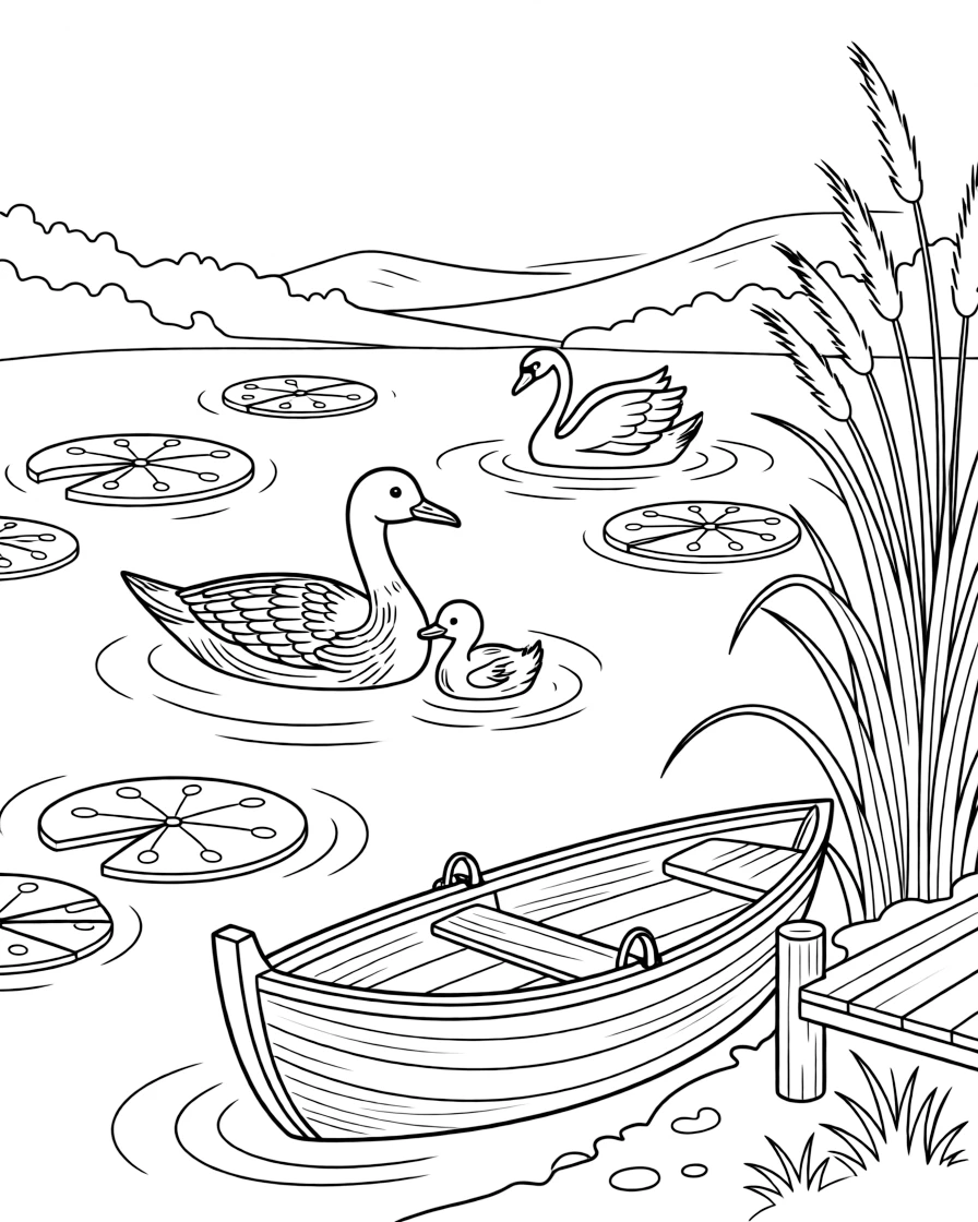 [Lakeside] A loon and her chick float peacefully near a patch of lily pads on a quiet lake. A pair of swans glides gracefully past a cluster of reeds near the shore. A small wooden rowboat rests beside the dock, tied to a post near a cluster of cattails. The lake glows pink and gold as the sun rises slowly over the distant hills.