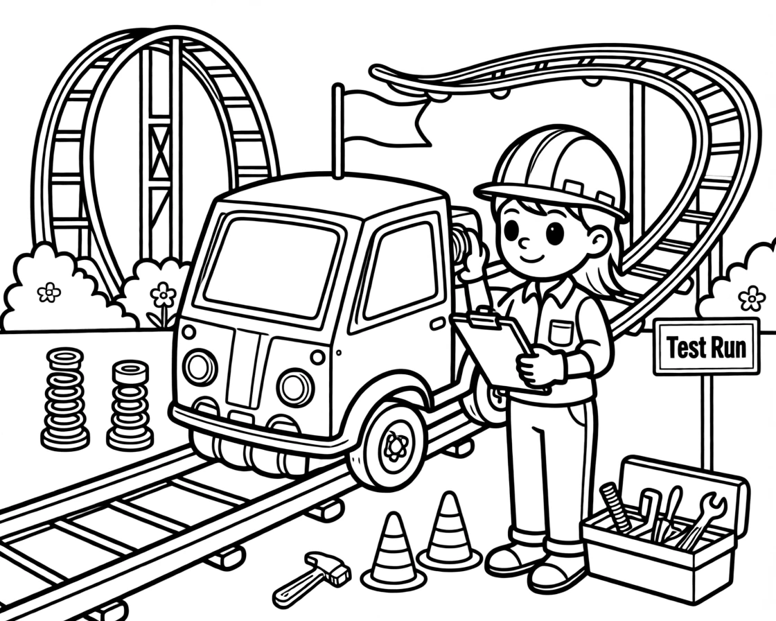 A theme park engineer tests a roller coaster car before it opens to riders.