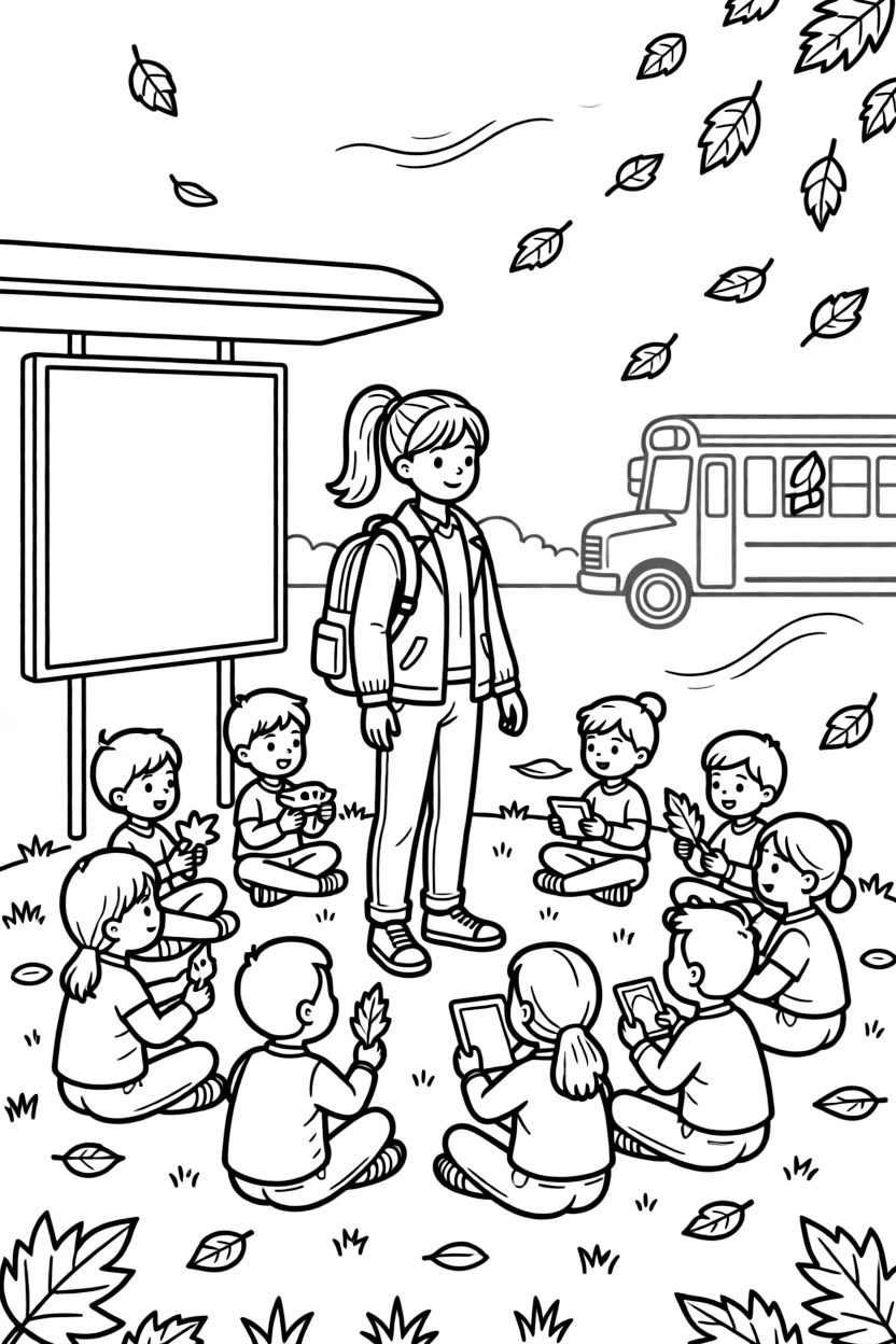 A confident preteen girl waiting for the school bus with a backpack at a show-and-tell circle as fallen leaves swirl in the breeze.