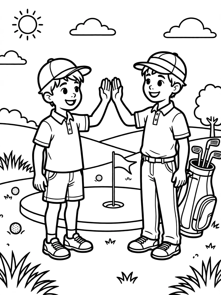 A confident boy wearing a bright cap, high-fiving a golfing buddy after sinking a long birdie putt.