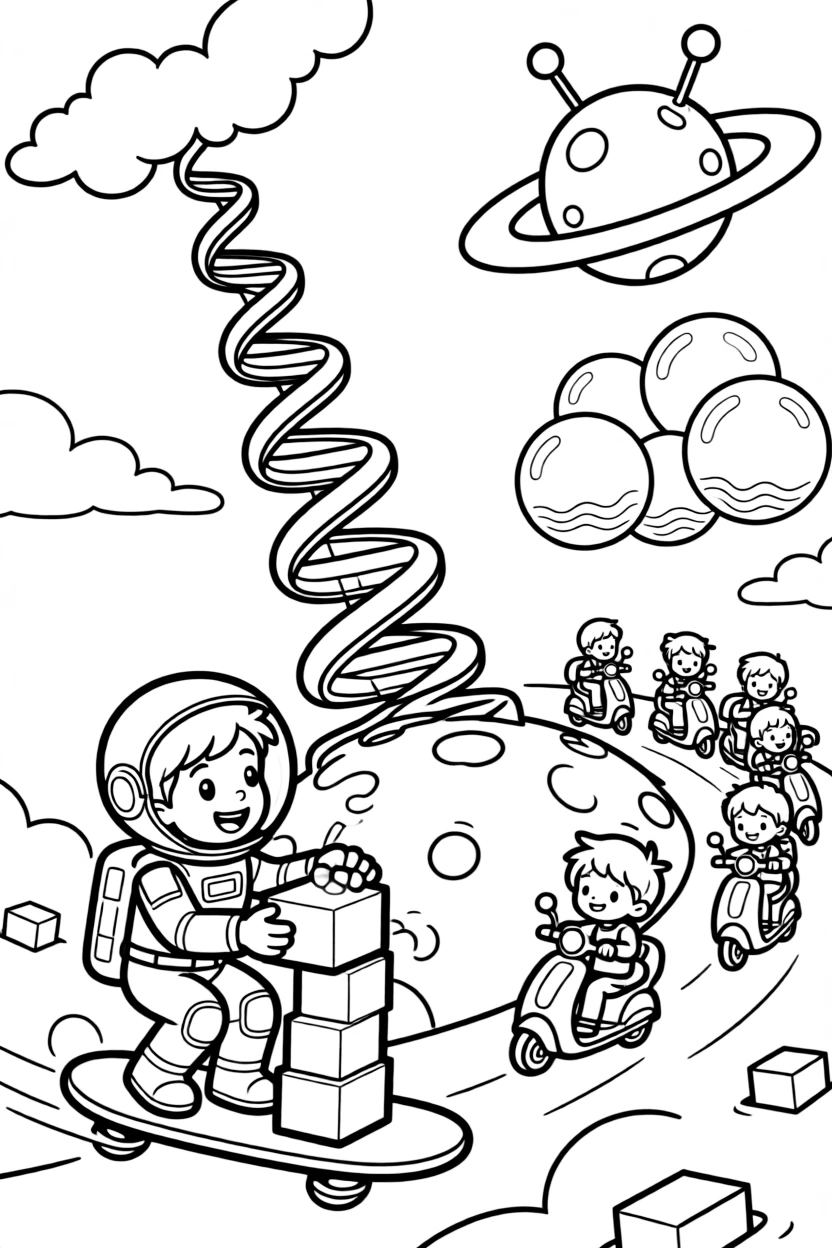 Pilot Pogo zooming along on a gravity board stacking glowing blocks to build a tower reaching the clouds in a spiral space elevator connecting a planet to its orbiting station, as a fleet of hover-scooters zipping past in the background and a cluster of soap-bubble-like energy shields fill the scene.
