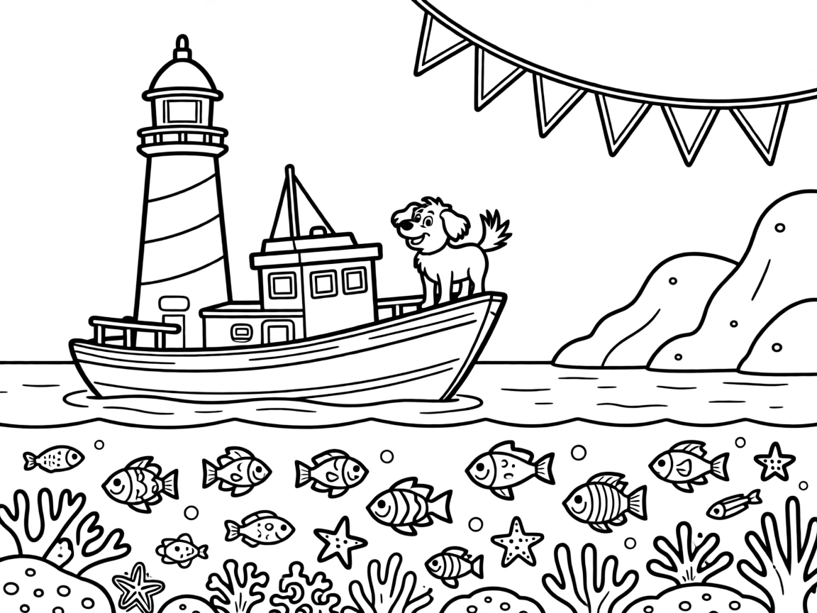 A red-and-white lighthouse tender boat near a rocky coast is shown journeying through a coral reef bursting with fish beneath clear blue water, with a friendly dog with its ears flapping in the wind close by and a string of triangle pennant flags overhead completing the lively scene.