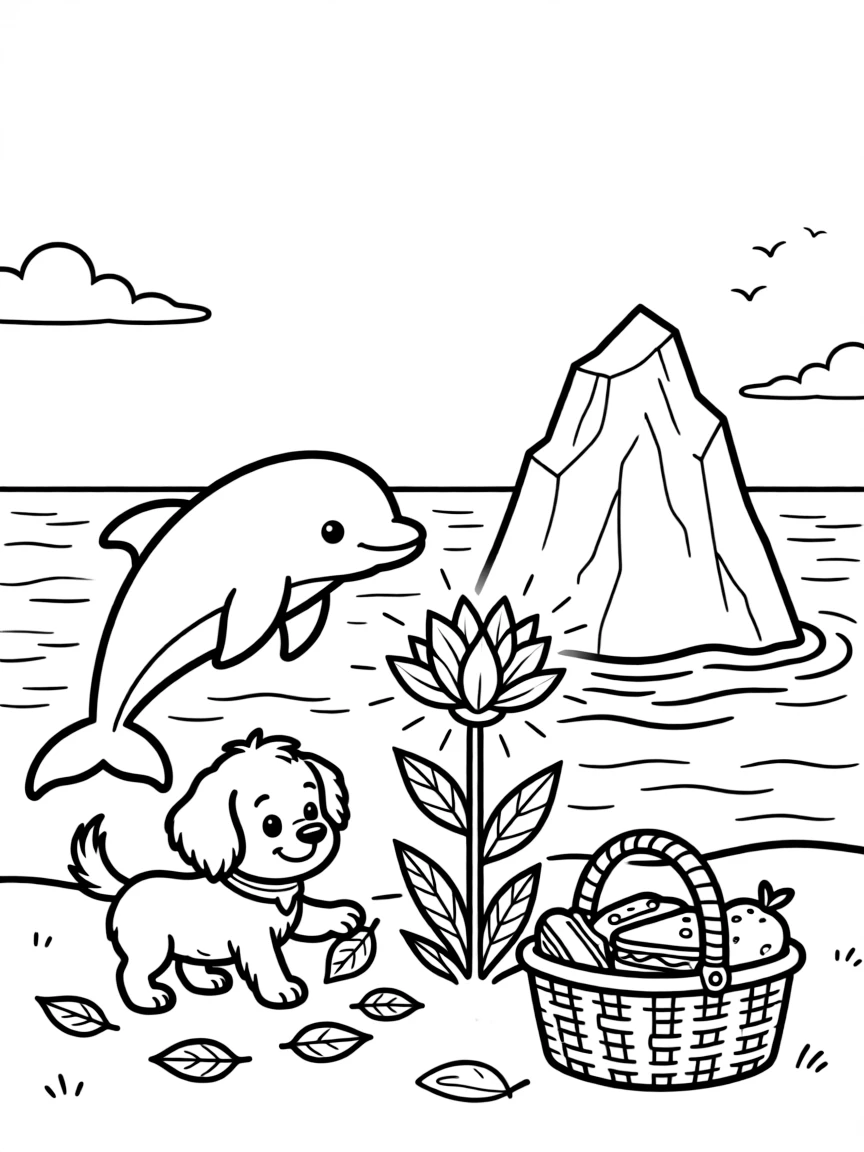 A dolphin on an iceberg in the arctic sea, helping gather fallen leaves with a playful puppy, next to a magical glowing flower, with a picnic basket full of treats nearby.