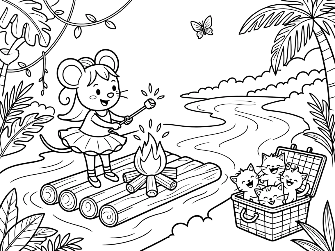 Fluffy and full of excitement, a music box ballerina mouse spends the day roasting marshmallows over a crackling campfire on a raft floating down a lazy jungle river. Nearby, a basket of kittens tumbling over each other adds to the fun. Everyone is laughing and having the best time.