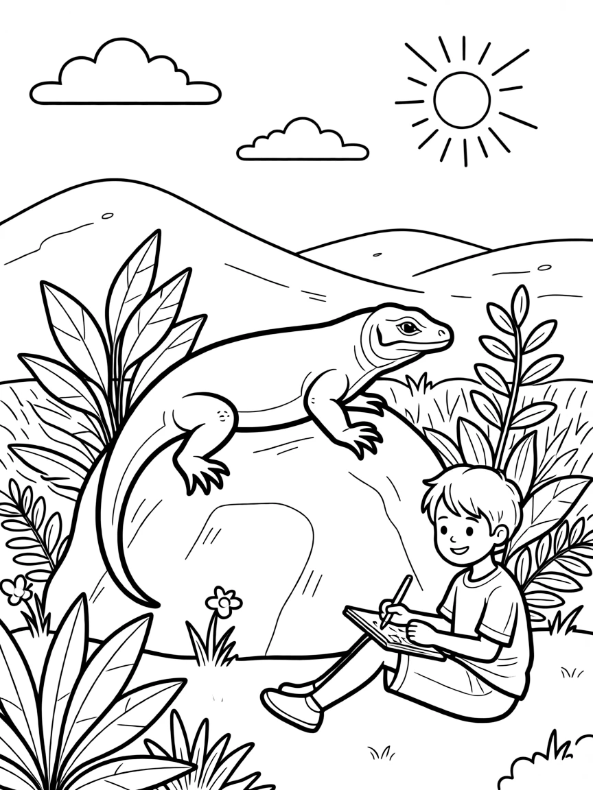 A coloring page of a gentle nature scene in Indonesia featuring a Komodo dragon resting on a sunny rock, surrounded by plants, rolling hills, and a bright sky.