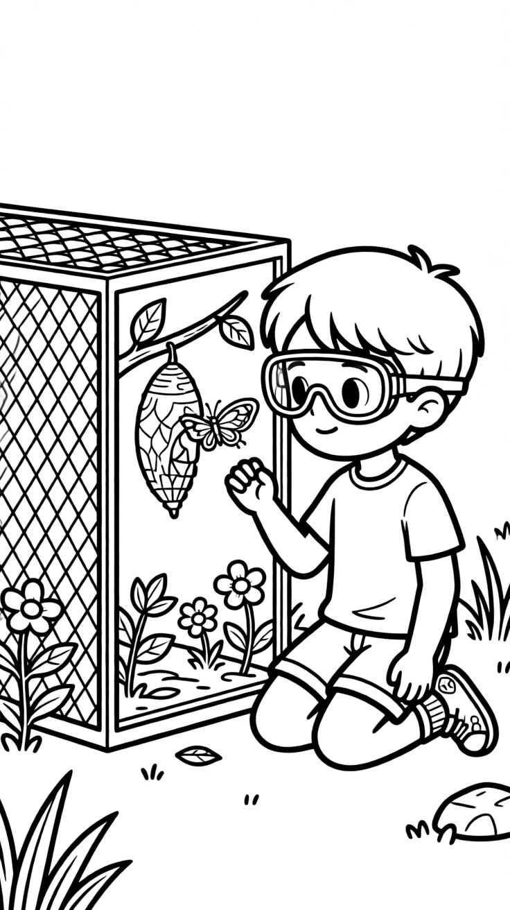a gentle young boy in safety goggles observes a butterfly emerging from its chrysalis in a mesh habitat.