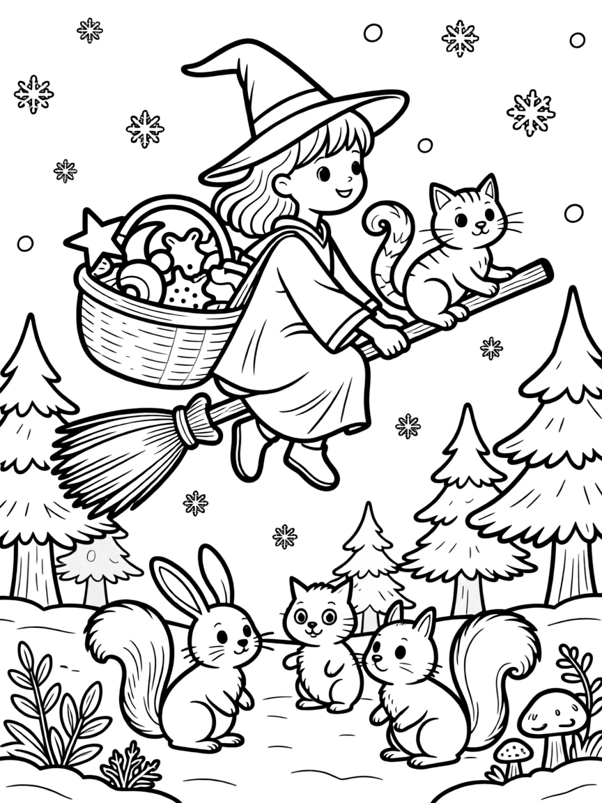 A young witch and her broom-riding cat deliver baskets of enchanted treats to woodland creatures on a snowy evening.