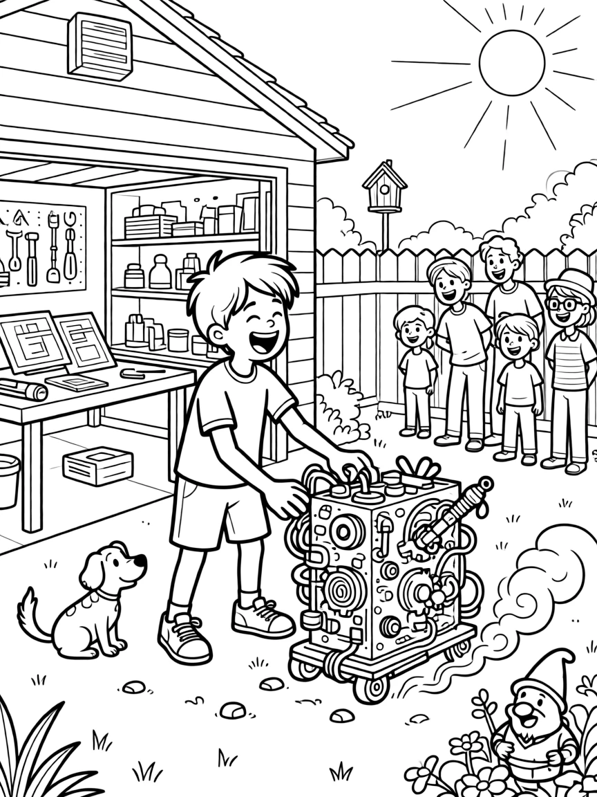 [Imaginative Inventions] a young inventor with a wild contraption testing a brand-new invention in the backyard inside a garage full of gadgets, laughing joyfully. Nearby, neighbors watch with amazement from below. Wires and bolts decorate the contraption. The scene is captured at high noon, with dust kicked up by the wind, giving the page a lively and adventurous feel that invites plenty of colorful detail.