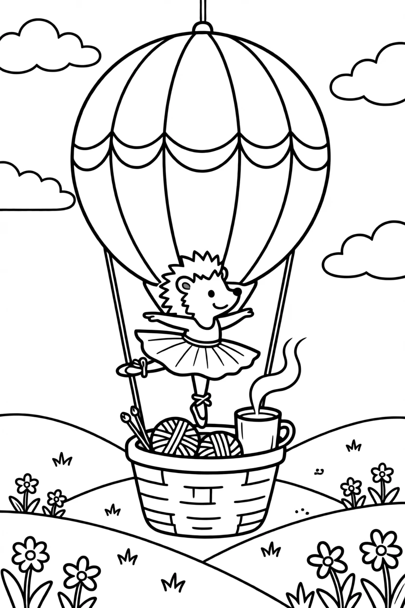 A spiky little hedgehog is practicing gentle ballet twirls aboard a hot air balloon drifting over rolling hills. All around, a basket of yarn and knitting needles nearby and a curling wisp of steam from a warm mug fill the page with charm.