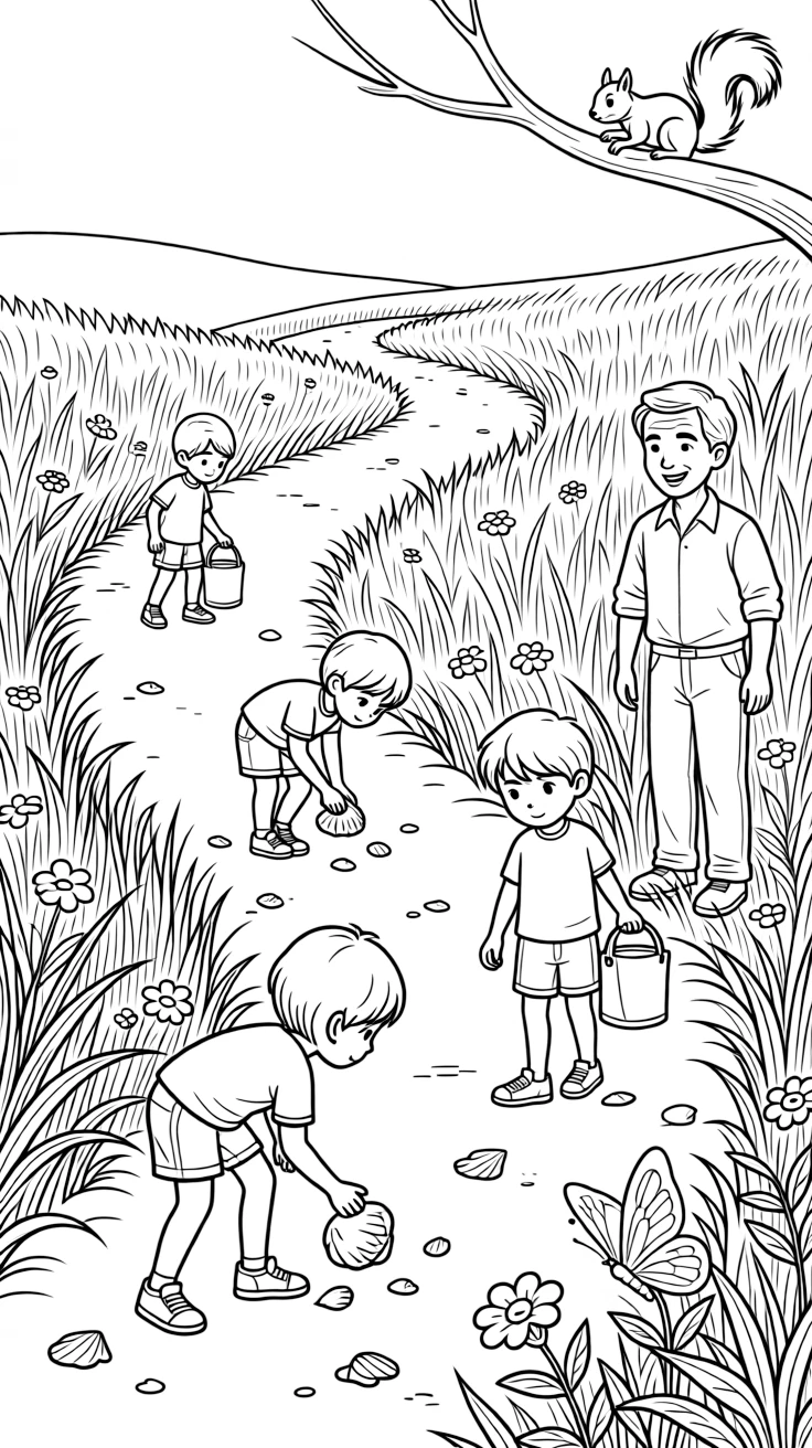 A wide view along a nature trail winding through tall grass, featuring a beach cleanup with kids collecting shells and litter, a proud grandfather, and a squirrel scampering along a branch, with a butterfly resting on a wildflower nearby.