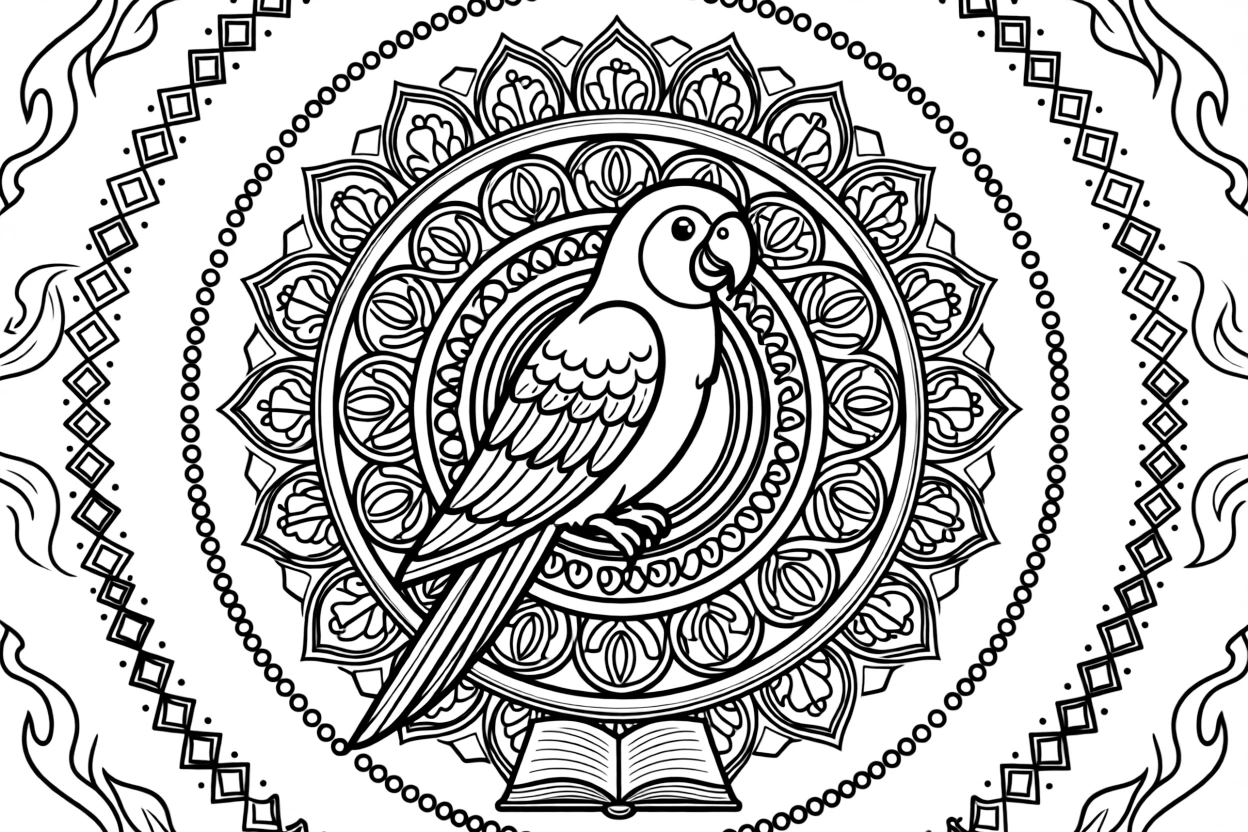 Birds: The page presents a small themed scene built around a parrot with layered wing feathers, tied together by a spiral mandala that winds gently from center to edge. The scene is set within a framed scene where every element on one side is echoed by a twin on the opposite side. Decorative details fill the surrounding space, including a repeating chain of small diamonds, a trail of evenly spaced dots, and flame-shaped tips curling upward woven throughout the background. A playful extra touch completes the page: a tiny open book resting at the base of the design.
