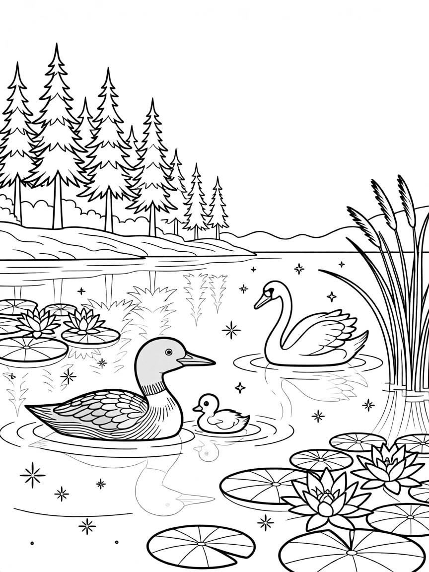 [Lakeside] A loon and her chick float peacefully near a patch of lily pads on a quiet lake. A pair of swans glides gracefully past a cluster of reeds near the shore. Pine trees line the far shore, their reflections rippling across the still water. Warm afternoon sunlight sparkles across the lake beneath a clear blue sky.