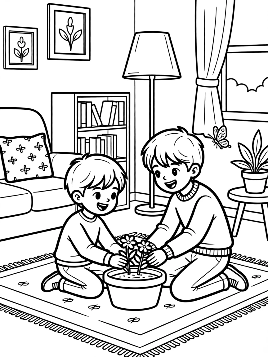 A talkative boy planting flowers together with an older sibling home from college in a cozy living room while a butterfly visits nearby.