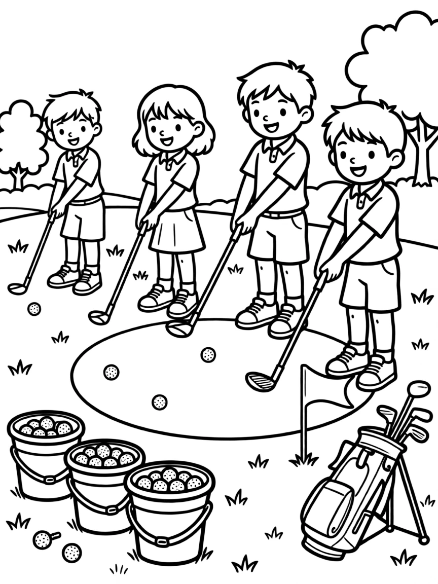 A group of classmates, practicing swings at a driving range, buckets of golf balls lined up nearby.