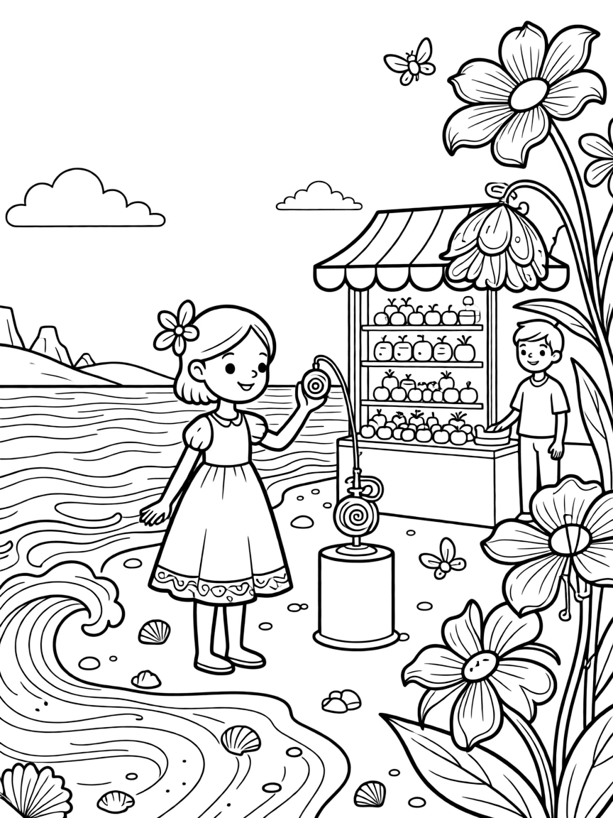 Blorp, a gentle alien princess with flower-petal ears showing off a new invention at the young inventors' fair, in a beach on a red planet with waves of shimmering dust, with a busy market stall selling glowing fruit and a garden of oversized glowing flowers nearby.