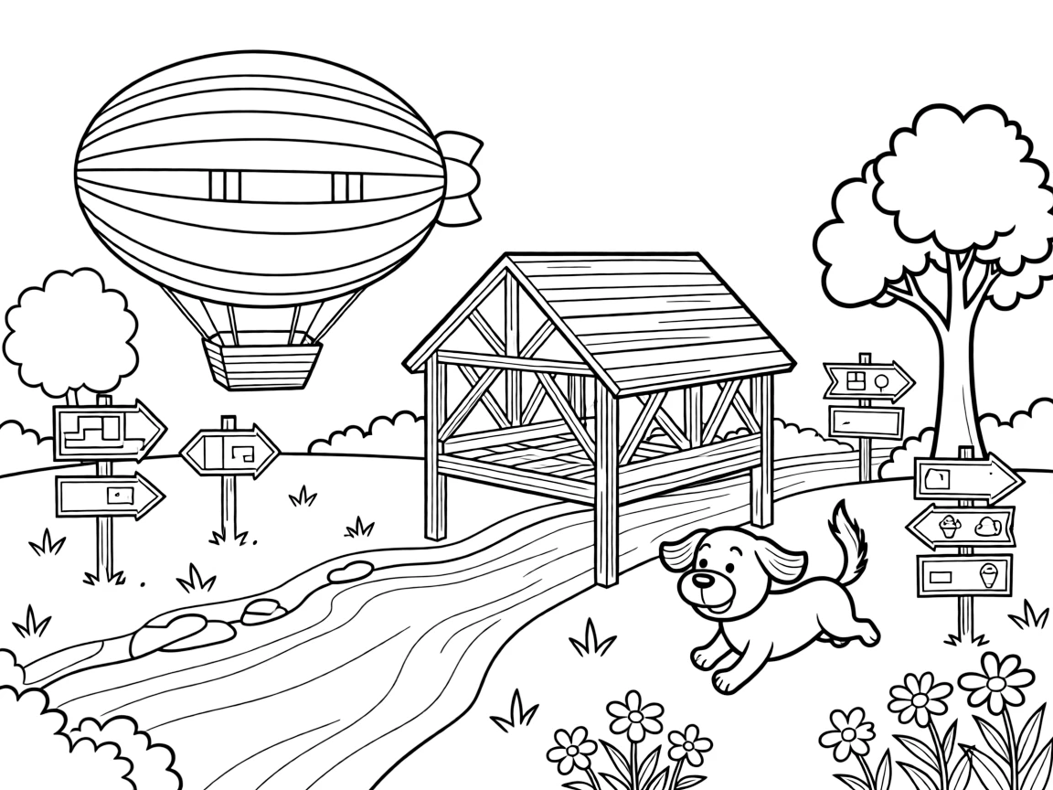 The scene captures a giant striped zeppelin airship floating over rooftops in the middle of a rustic covered bridge crossing a babbling creek, with a friendly dog with its ears flapping in the wind nearby and road signs pointing toward fun destinations sprinkled around for extra fun.