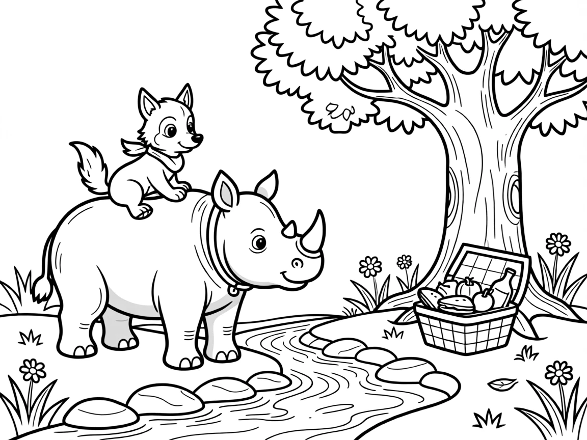 A wolf pup riding on the back of a rhino calf beside a bubbling brook, near a towering oak tree, with a picnic basket full of treats nearby.