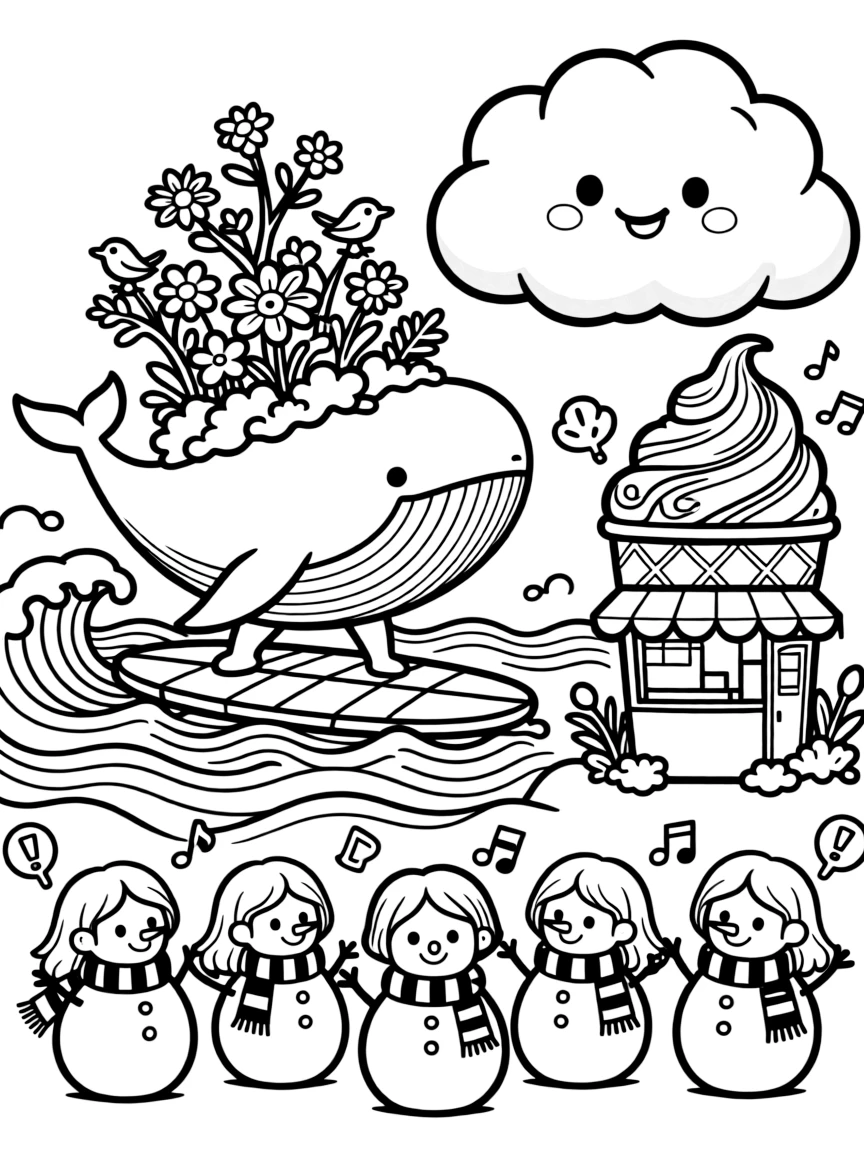 A bold whale with a garden on its back is riding a wave on a surfboard shaped like a shell at an ice cream parlor shaped like a giant cone, joined by a cloud shaped like a giant marshmallow and a group of snowmen wearing matching scarves. Little cheers of excitement fill the air.