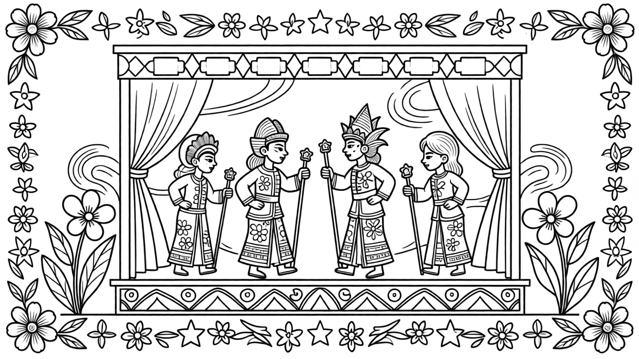 A coloring page featuring a shadow puppet (wayang kulit) show lit from behind a screen from Indonesia, framed by a simple border of flowers, stars, or geometric patterns from the region.