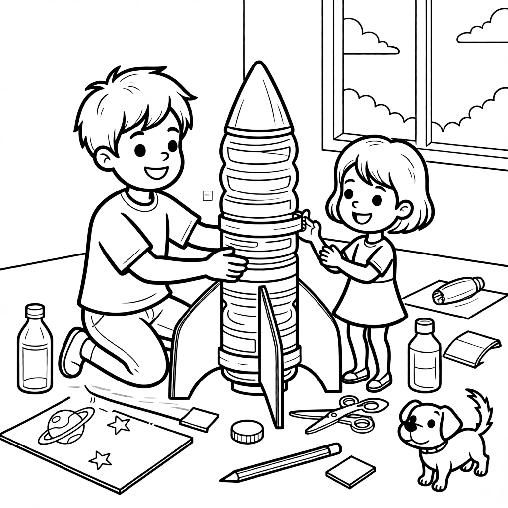 an adventurous older brother and his little sister builds a rocket out of recycled bottles and cardboard fins for a launch.