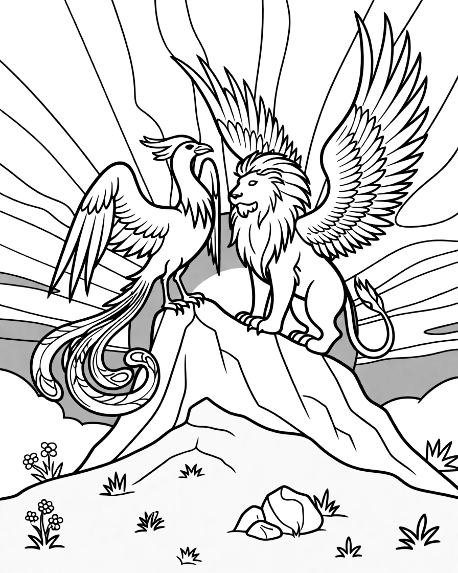 A phoenix and a griffin perch together atop a mountain peak, watching the sunrise paint the sky in gold and crimson.