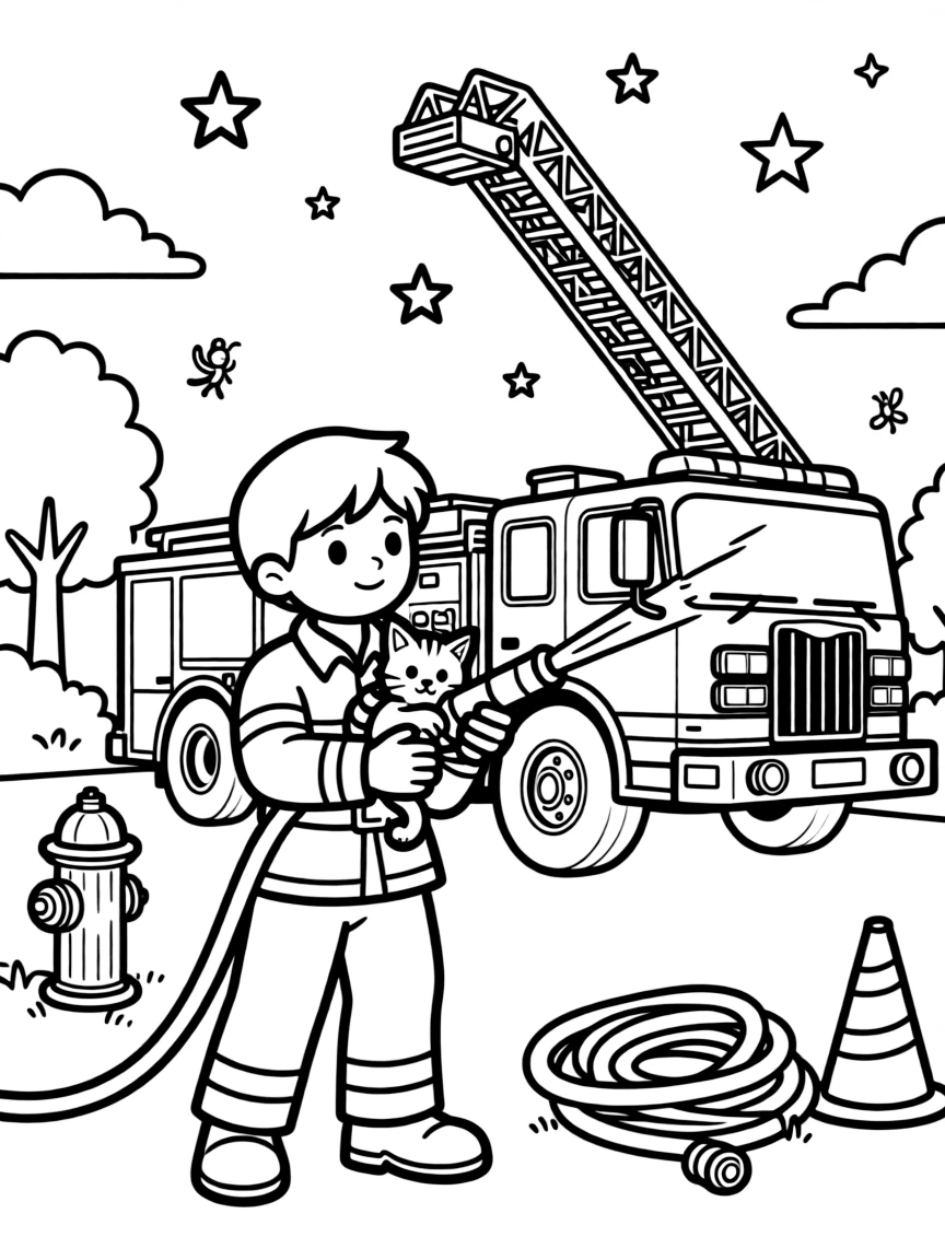 [Firefighters] a firefighter aiming a hose carrying a rescued kitten to safety at a busy fire station. In the background, a fire truck's ladder extends into the sky, adding extra fun to explore. The fire truck gleams with polished chrome. It all happens under a starry night sky, with fireflies beginning to glow.