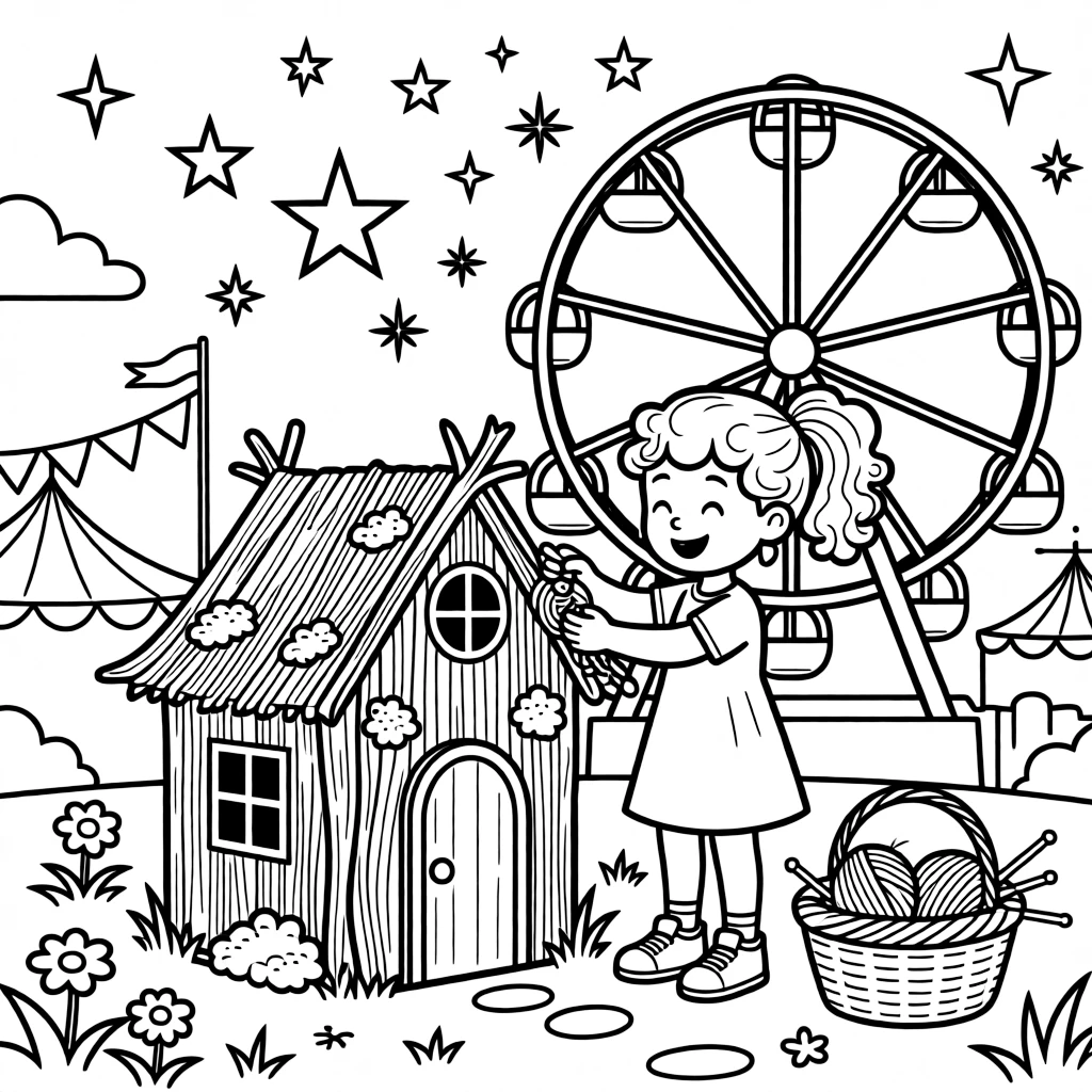 A girl with curly hair tied in a ponytail is building a fairy house out of twigs and moss at a lively carnival with a spinning ferris wheel. Scattered nearby, a basket of yarn and knitting needles nearby and sparkling stars scattered across the sky add to the delightful moment.