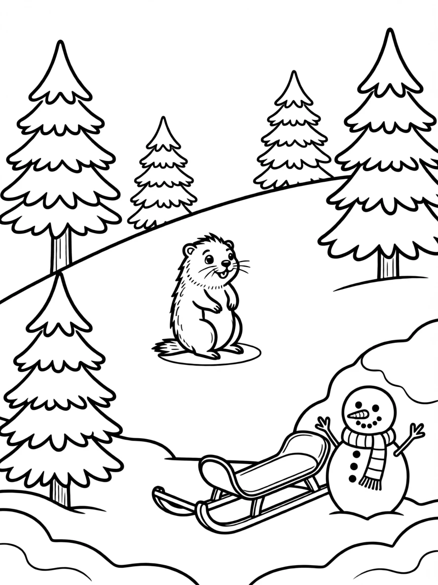 A groundhog casting a small shadow on the snow on a hillside dotted with snow-frosted evergreens, with a sled leaning against a snowbank and a cheerful snowman with a striped scarf nearby.