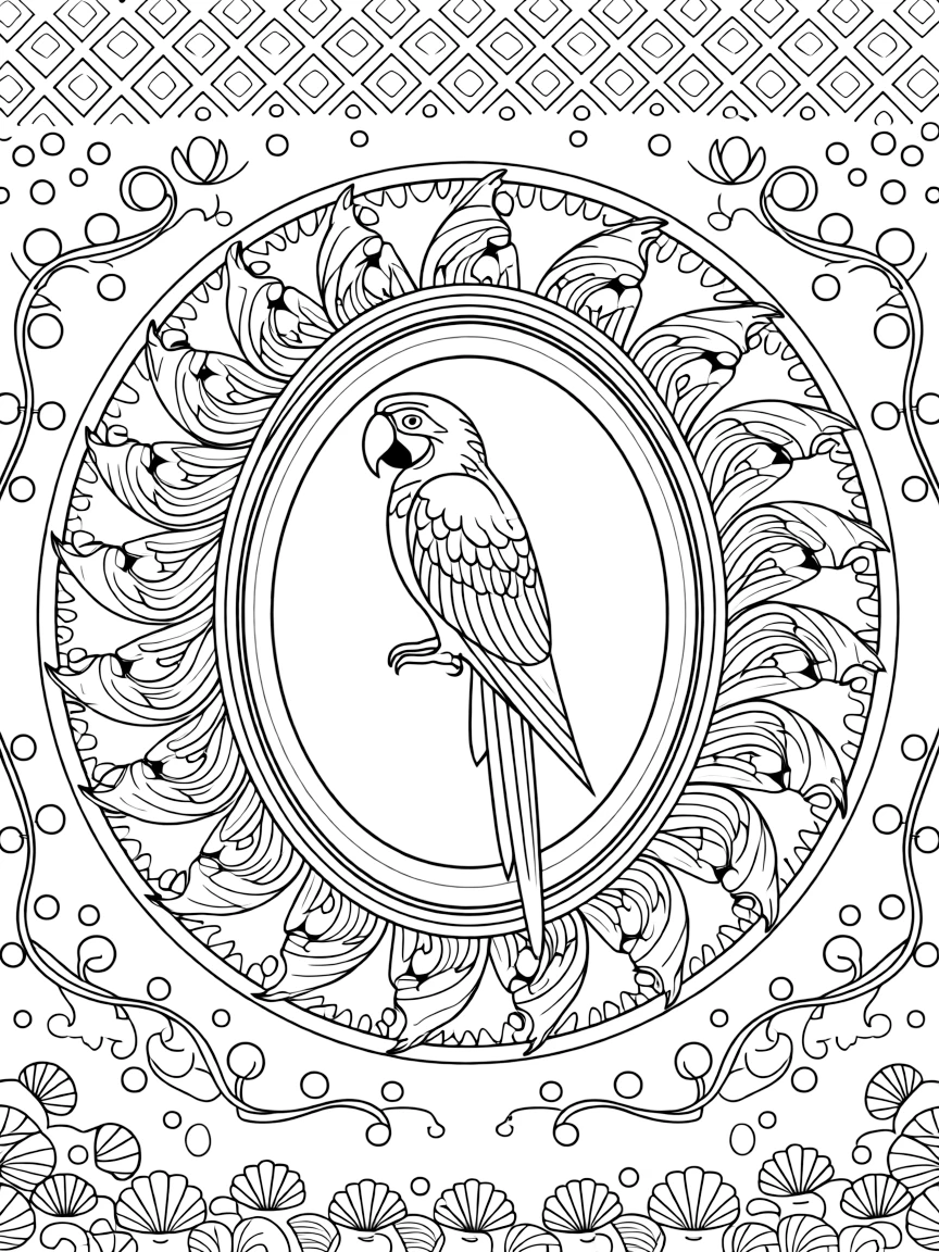 Birds: The design turns a parrot with layered wing feathers into a kaleidoscope-style composition anchored by an oval medallion mandala framed by a double border. The imagery is arranged in a spinning ring of repeated segments, each one a slightly rotated twin of its neighbor. Decorative details fill the surrounding space, including a grid of lattice diamonds, clusters of round bubbles, and twisting berry-vine garlands woven throughout the background. A playful extra touch completes the page: a cluster of small seashells scattered along the bottom border.