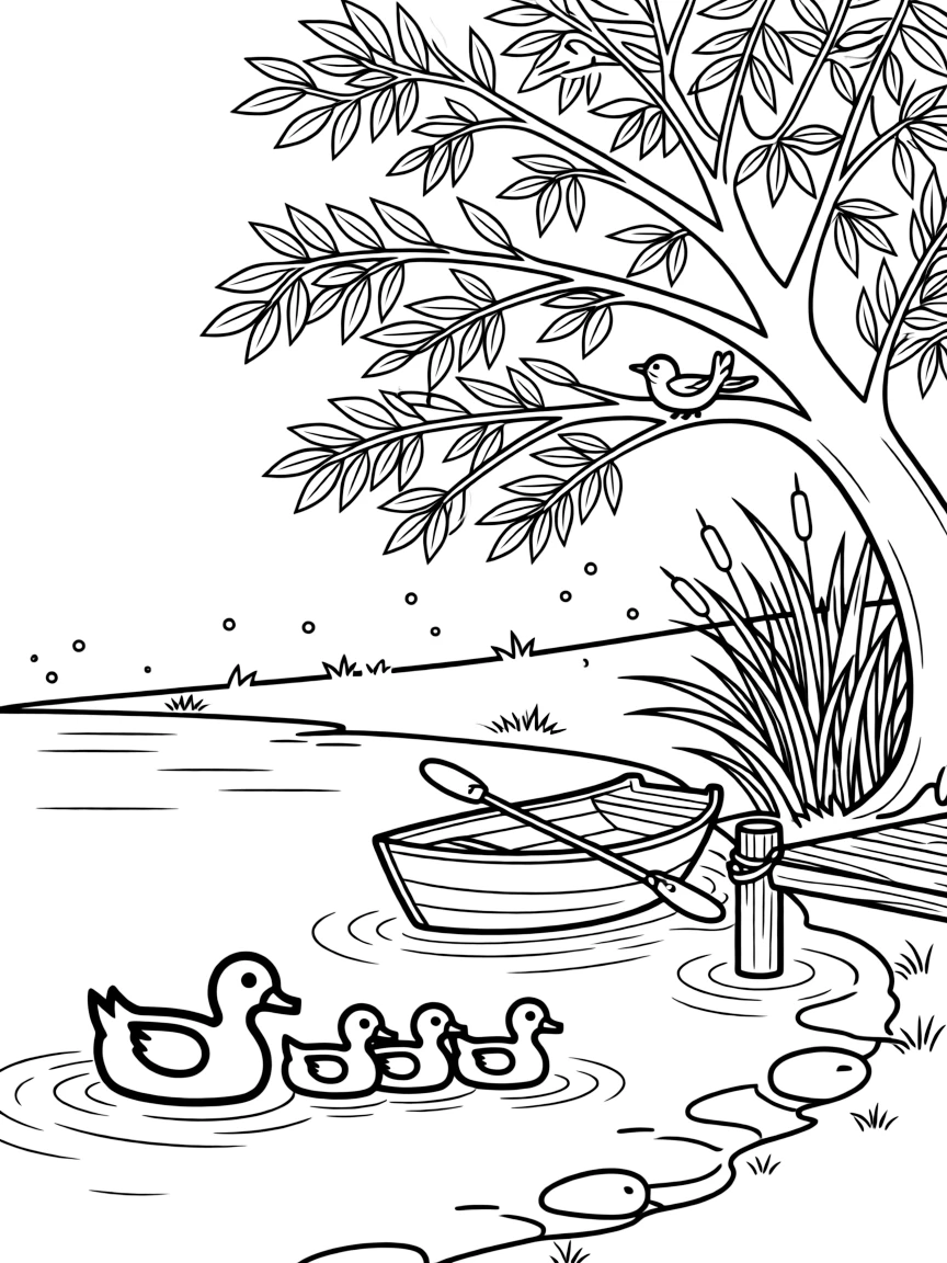 [Lakeside] A family of ducks paddles in a neat line across a calm, glassy lake at sunrise. Songbirds flit between branches of a tree leaning over the water's edge. A small wooden rowboat rests beside the dock, tied to a post near a cluster of cattails. Soft evening light settles over the water as fireflies begin to twinkle along the shore.