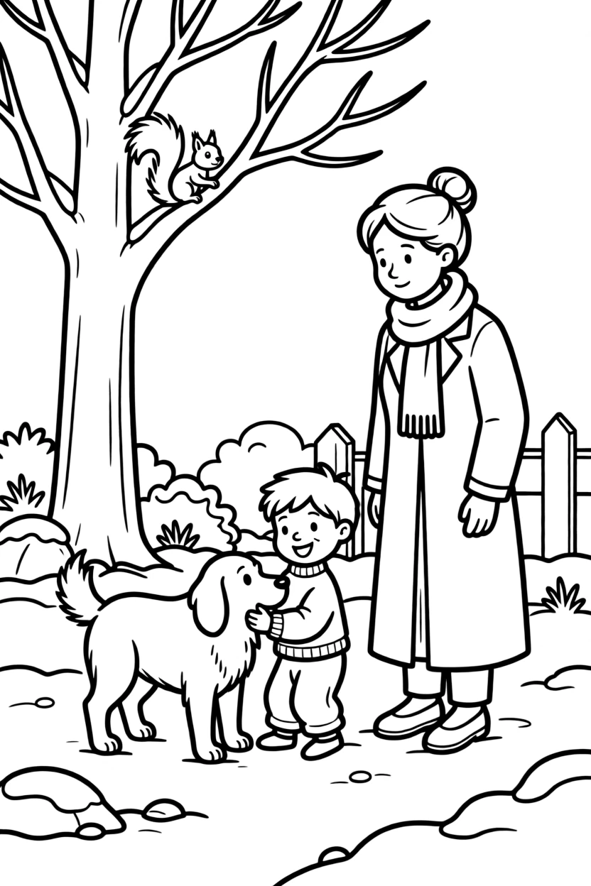A wobbly toddler patting a gentle dog with a great-grandmother in a snowy front yard while a squirrel peeks from a branch.